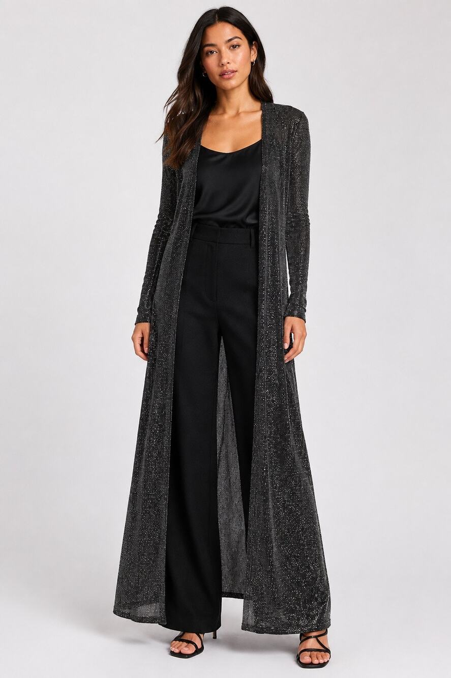 NWT ASOS Black Silver Metallic Sparkle Maxi Duster Cardigan Disco Glam Size 8